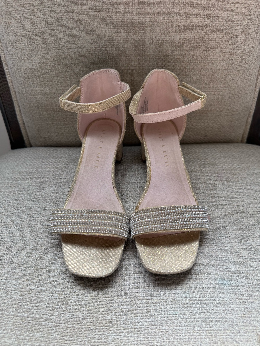 Champagne Gold Beaded Ankle-Strap Block Heels